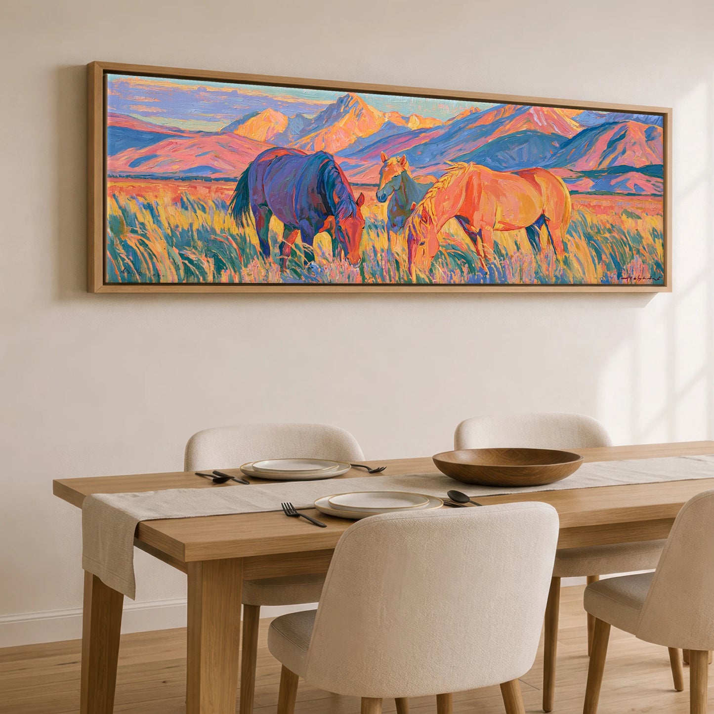 Vibrant High Country Grazing Horse Landscape panoramic canvas wall art displayed above a dining table