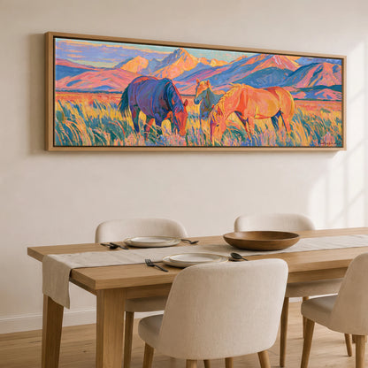 Vibrant High Country Grazing Horse Landscape panoramic canvas wall art displayed above a dining table