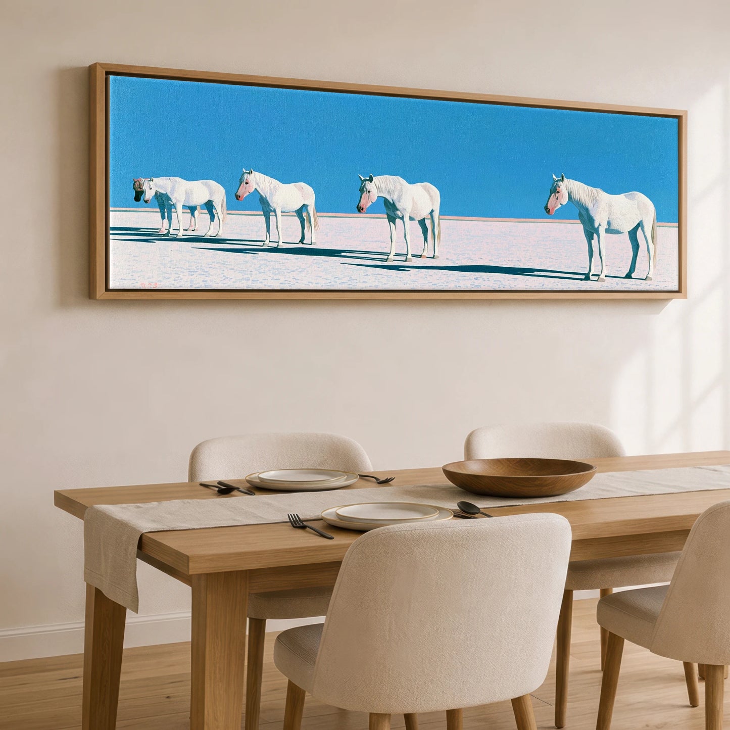 Silent Greys Beneath Azure Horse Landscape panoramic canvas wall art displayed above a dining table