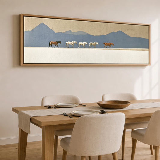 Journey Beneath Azure Peaks Horse Landscape panoramic canvas wall art displayed above a dining table
