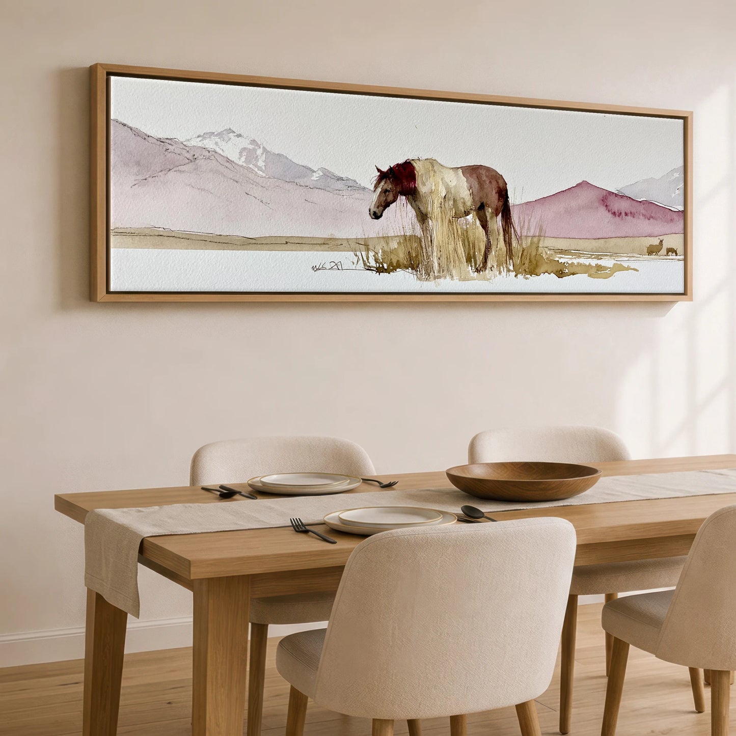 Quiet of the Range Horse Landscape panoramic canvas wall art displayed above a dining table