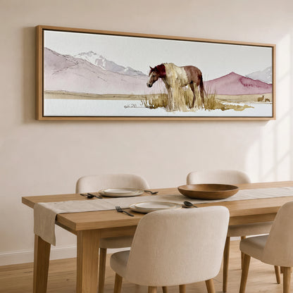 Quiet of the Range Horse Landscape panoramic canvas wall art displayed above a dining table