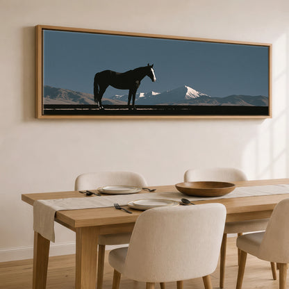 Summit Silhouette Horse Landscape panoramic canvas wall art displayed above a dining table