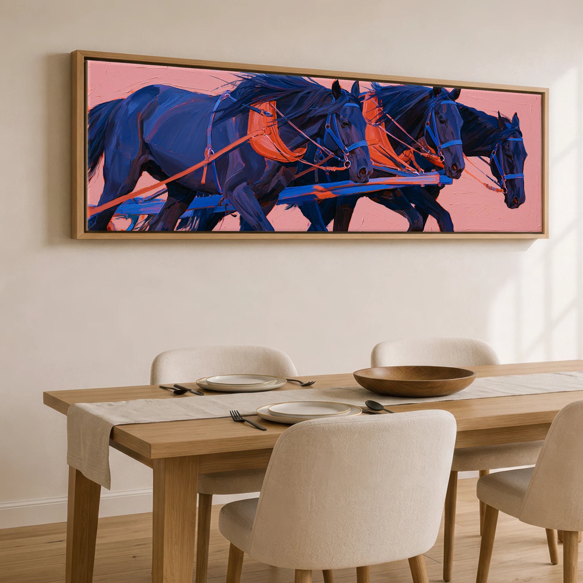 The Indigo Team Working Horse panoramic canvas wall art displayed above a dining table