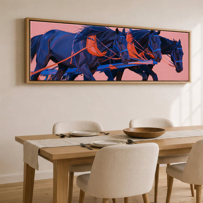 The Indigo Team Working Horse panoramic canvas wall art displayed above a dining table