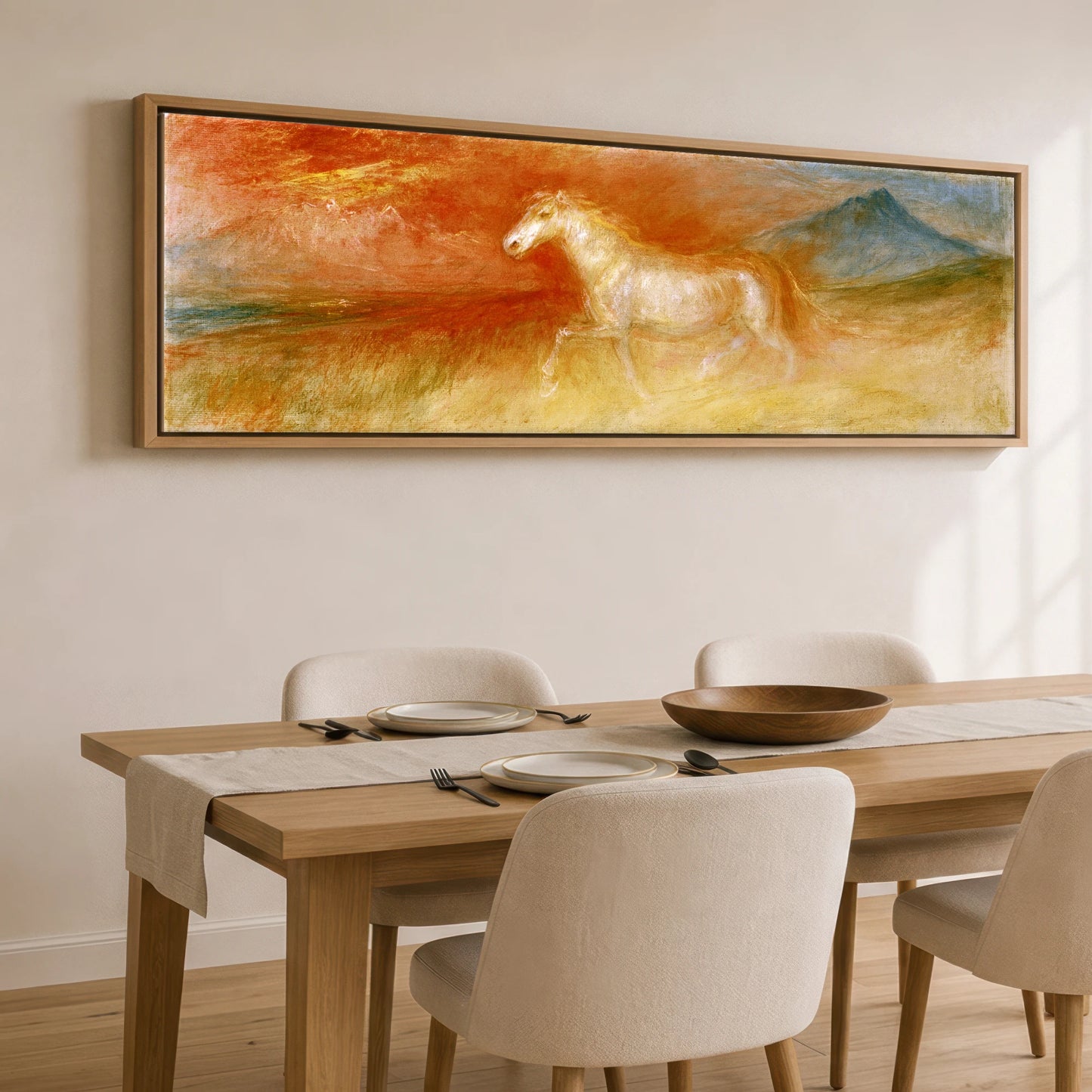 Luminous Spirit Horse Landscape panoramic canvas wall art displayed above a dining table
