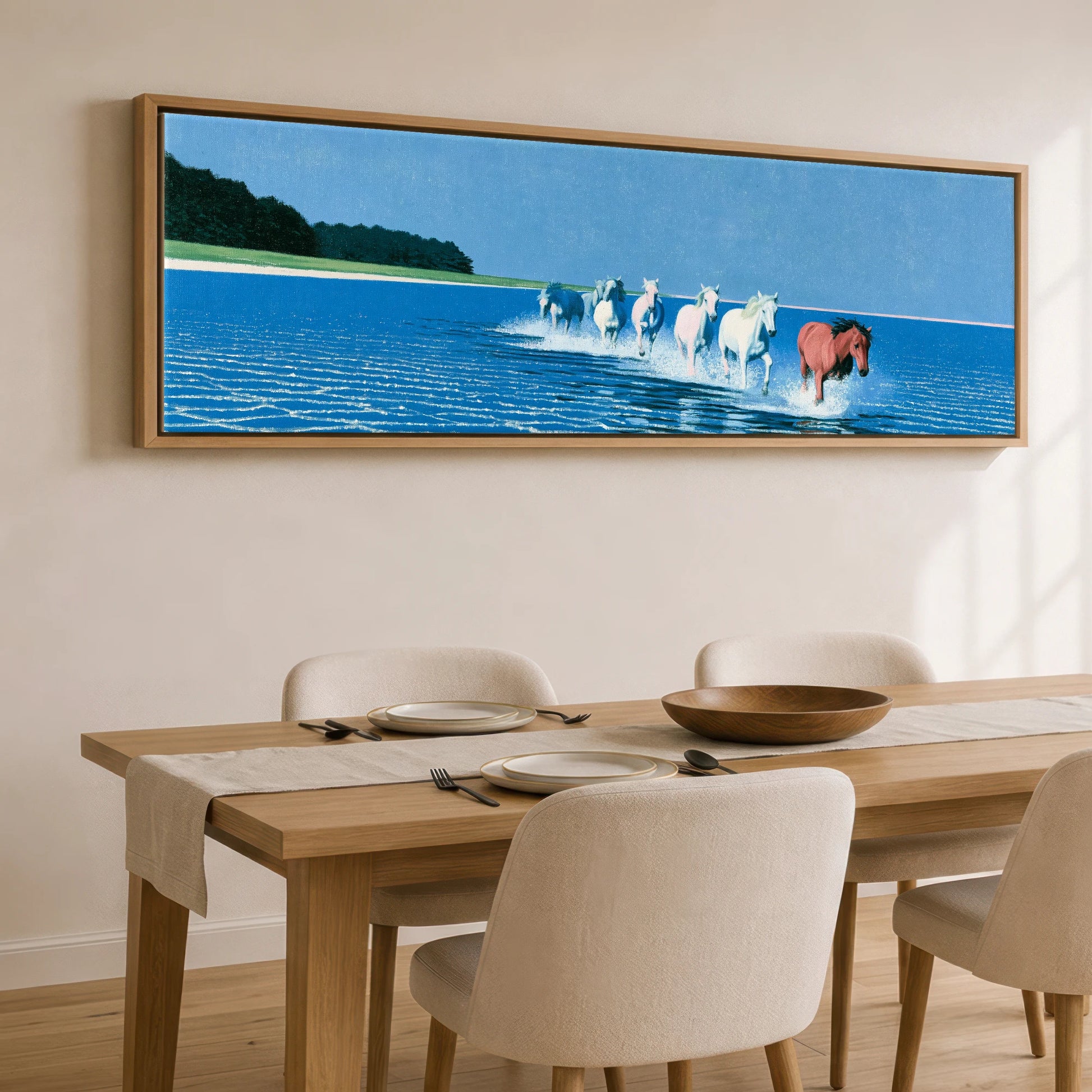 Through the Azure Shallows Horse Landscape panoramic canvas wall art displayed above a dining table