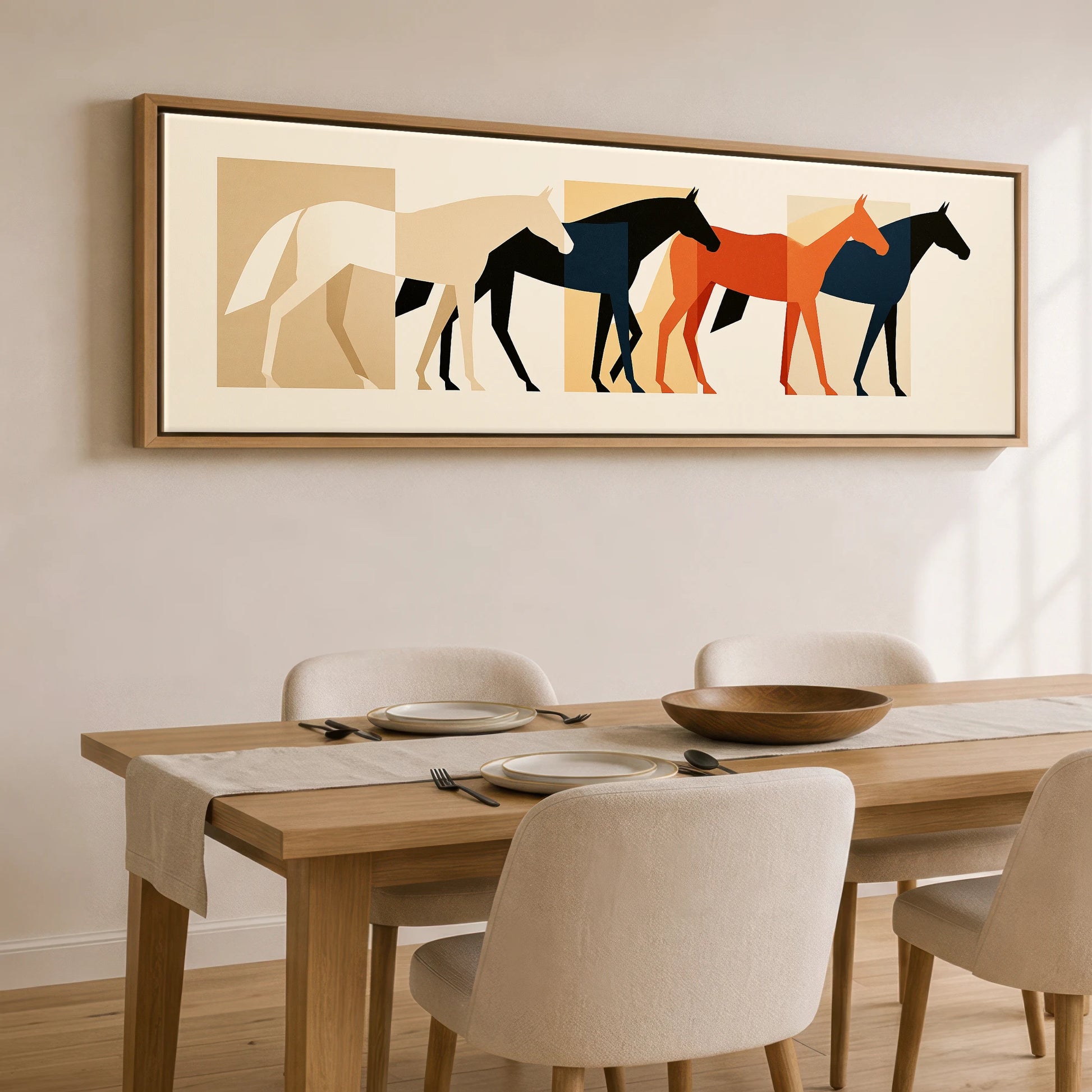 Modernist Herd Horse Landscape panoramic canvas wall art displayed above a dining table
