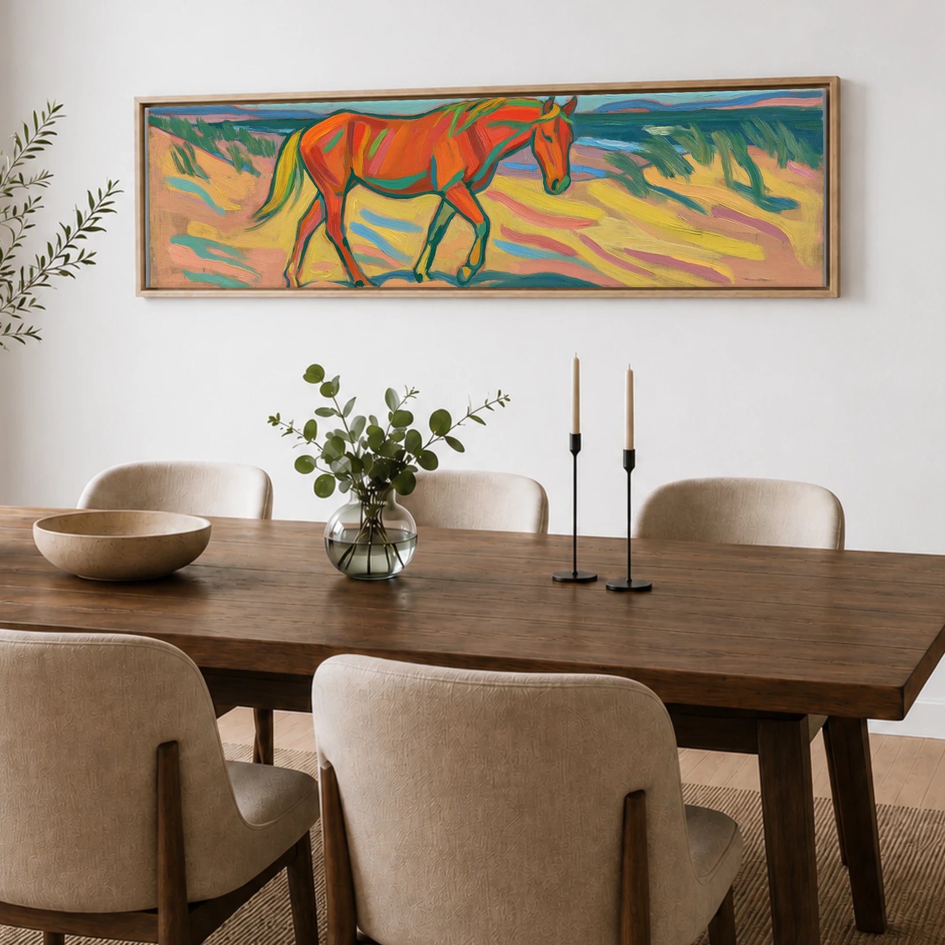 Vivid Coastal Stride Horse Landscape panoramic canvas wall art displayed above a dining table