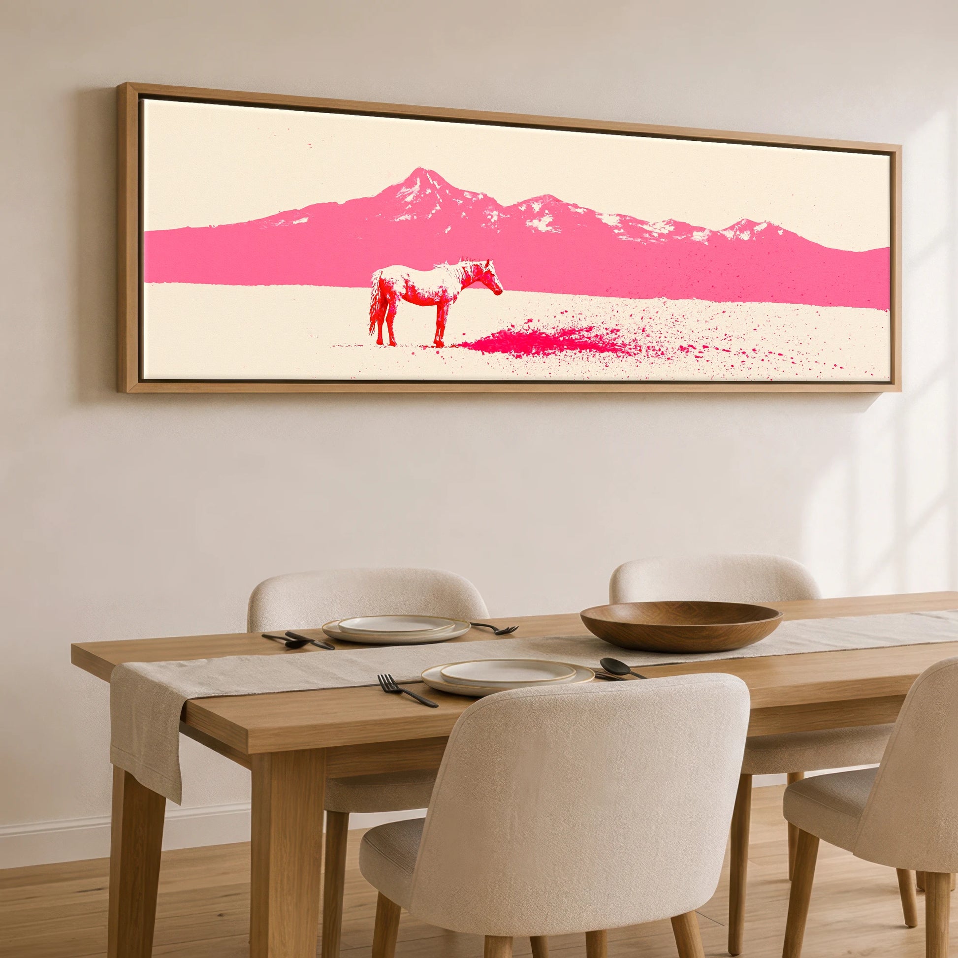 Magenta Mountains Horse Landscape panoramic canvas wall art displayed above a dining table