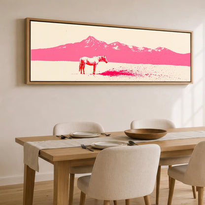 Magenta Mountains Horse Landscape panoramic canvas wall art displayed above a dining table