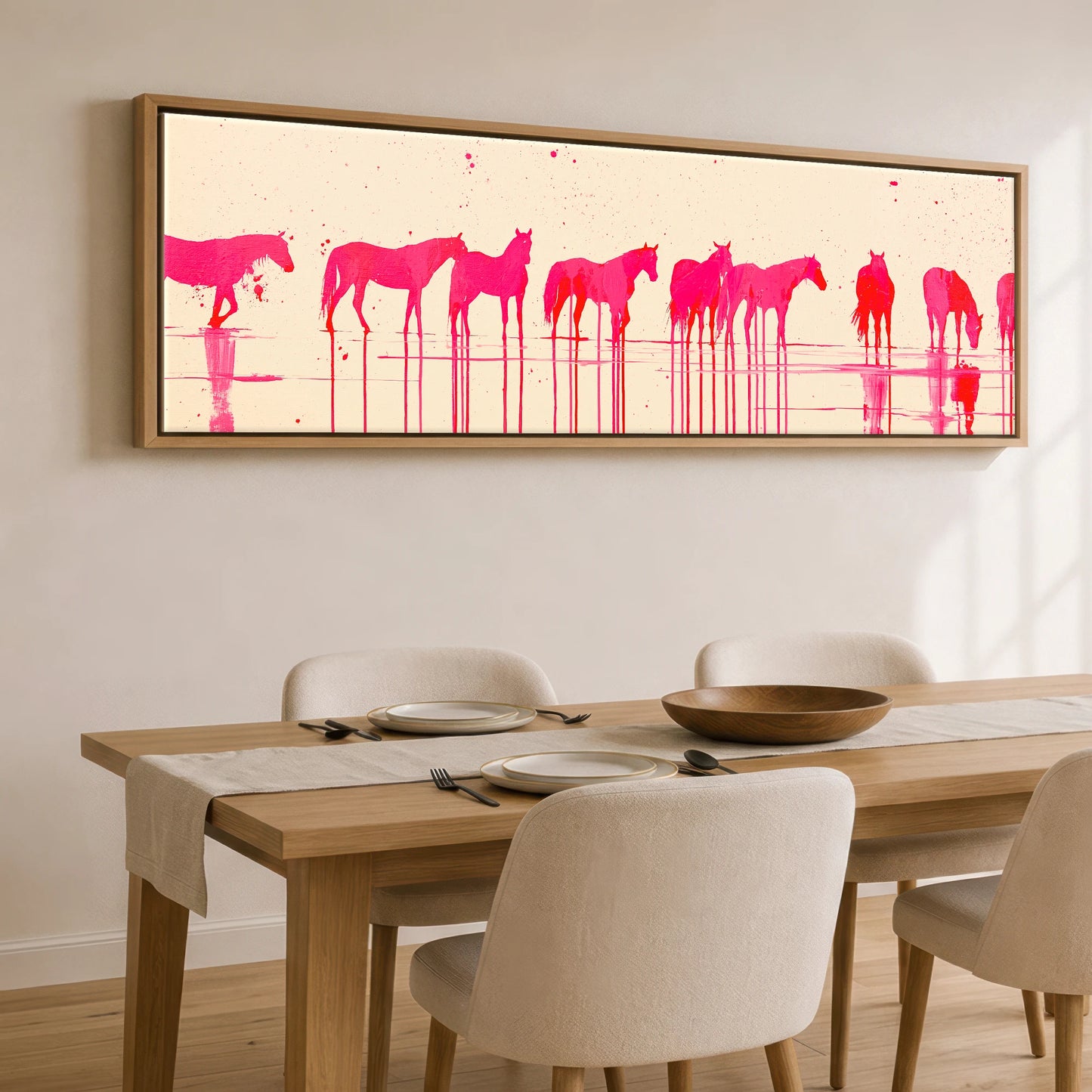 Magenta Equine Wash Beach Horse panoramic canvas wall art displayed above a dining table