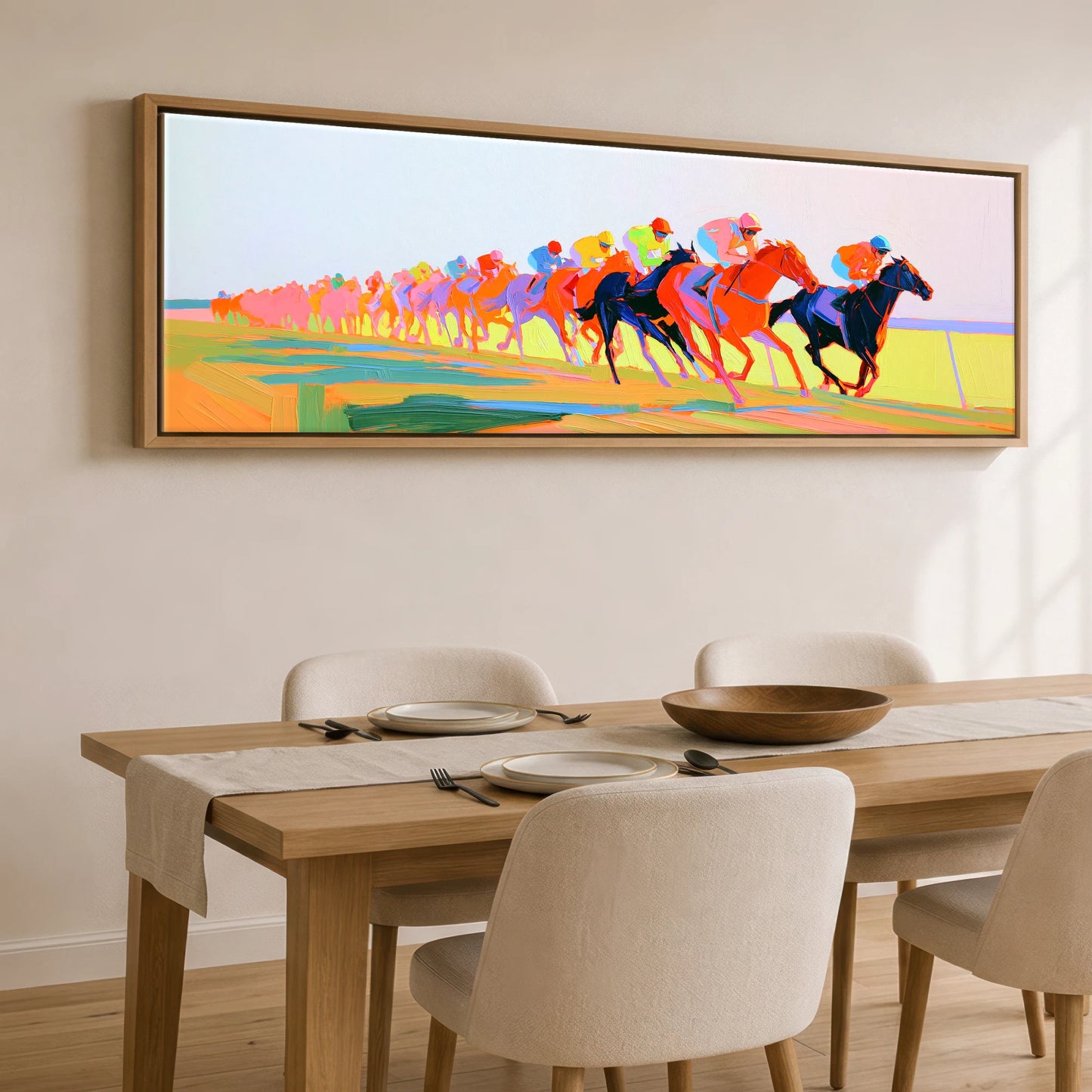 The Electric Sprint Racing Horse panoramic canvas wall art displayed above a dining table
