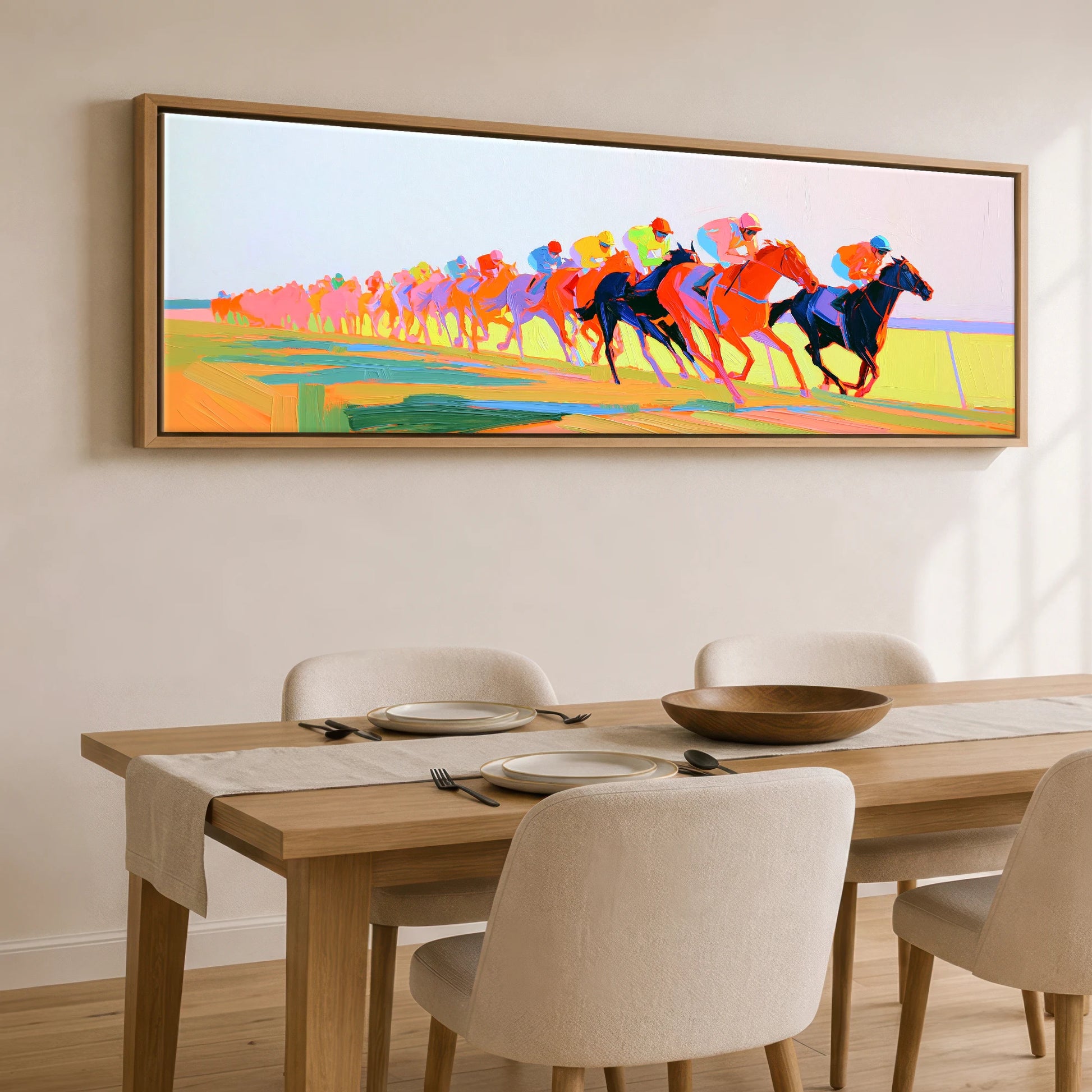 The Electric Sprint Racing Horse panoramic canvas wall art displayed above a dining table