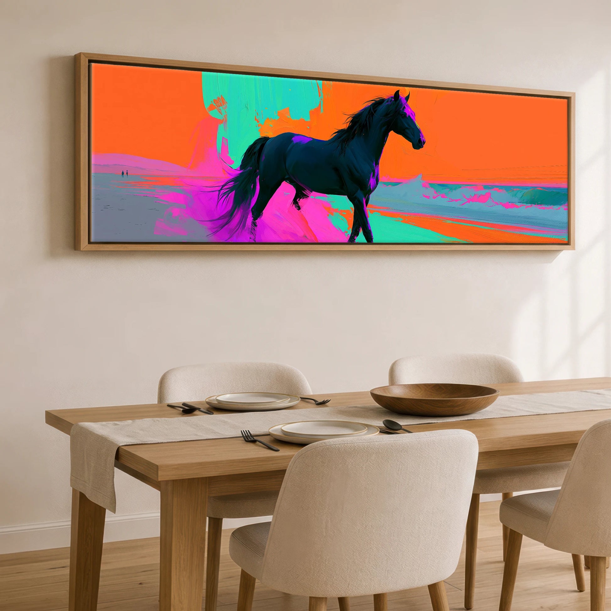 Electric Equine Horizon Horse Landscape panoramic canvas wall art displayed above a dining table