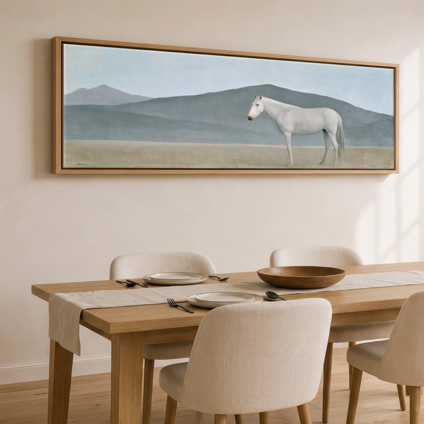 Stoic Grey in Slate Horse Landscape panoramic canvas wall art displayed above a dining table