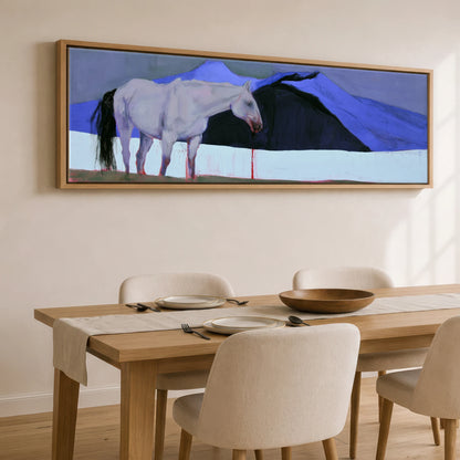 Cobalt and Shadow Horse Landscape panoramic canvas wall art displayed above a dining table