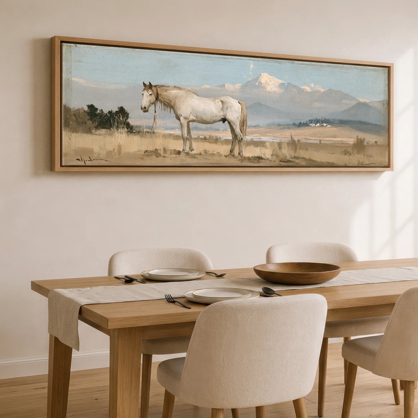 High Country Stillness Horse Landscape panoramic canvas wall art displayed above a dining table