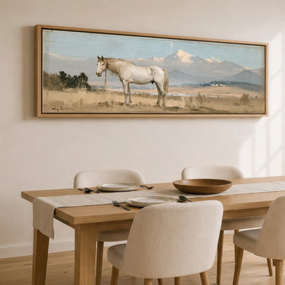 High Country Stillness Horse Landscape panoramic canvas wall art displayed above a dining table