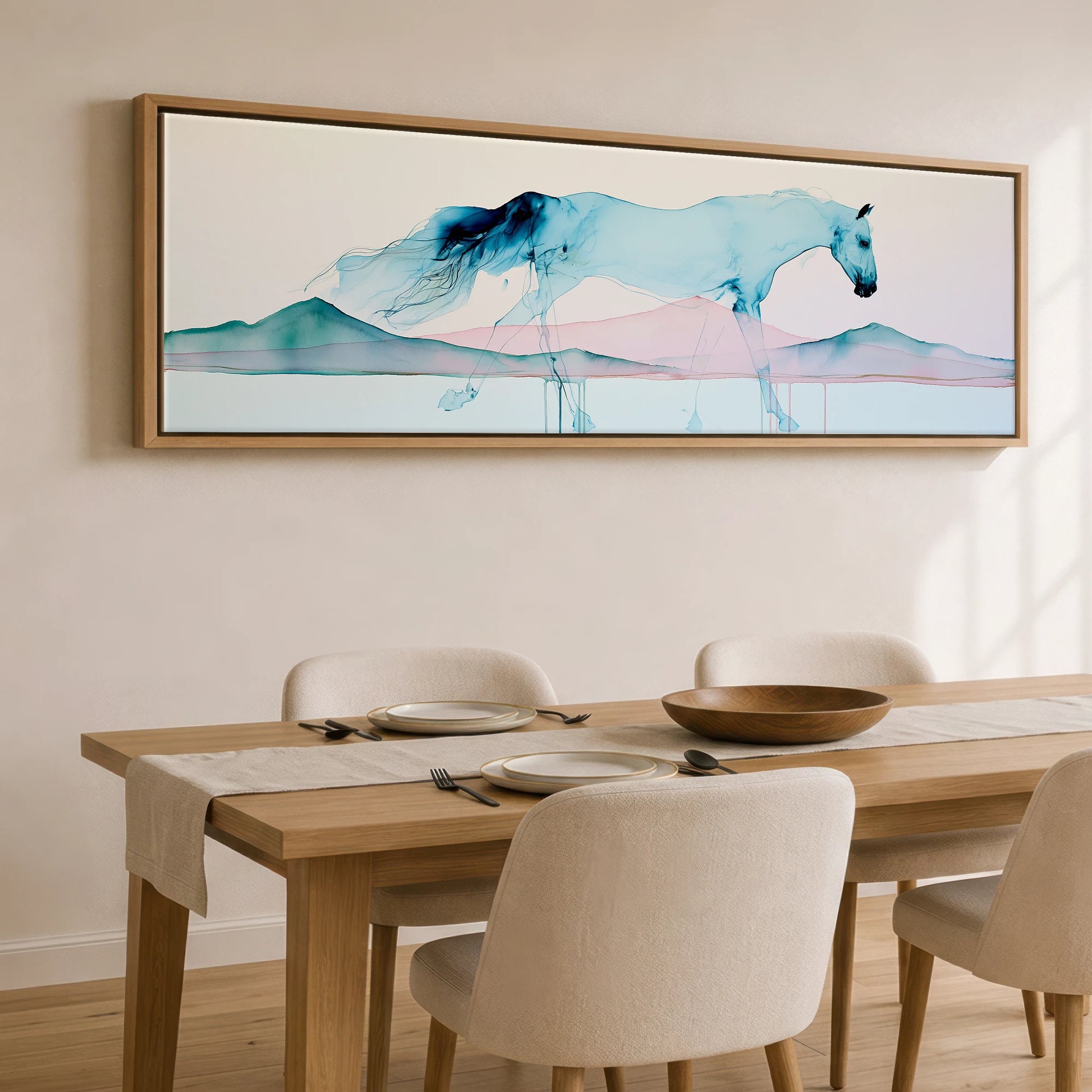 Ethereal Blue Stride Horse Landscape panoramic canvas wall art displayed above a dining table