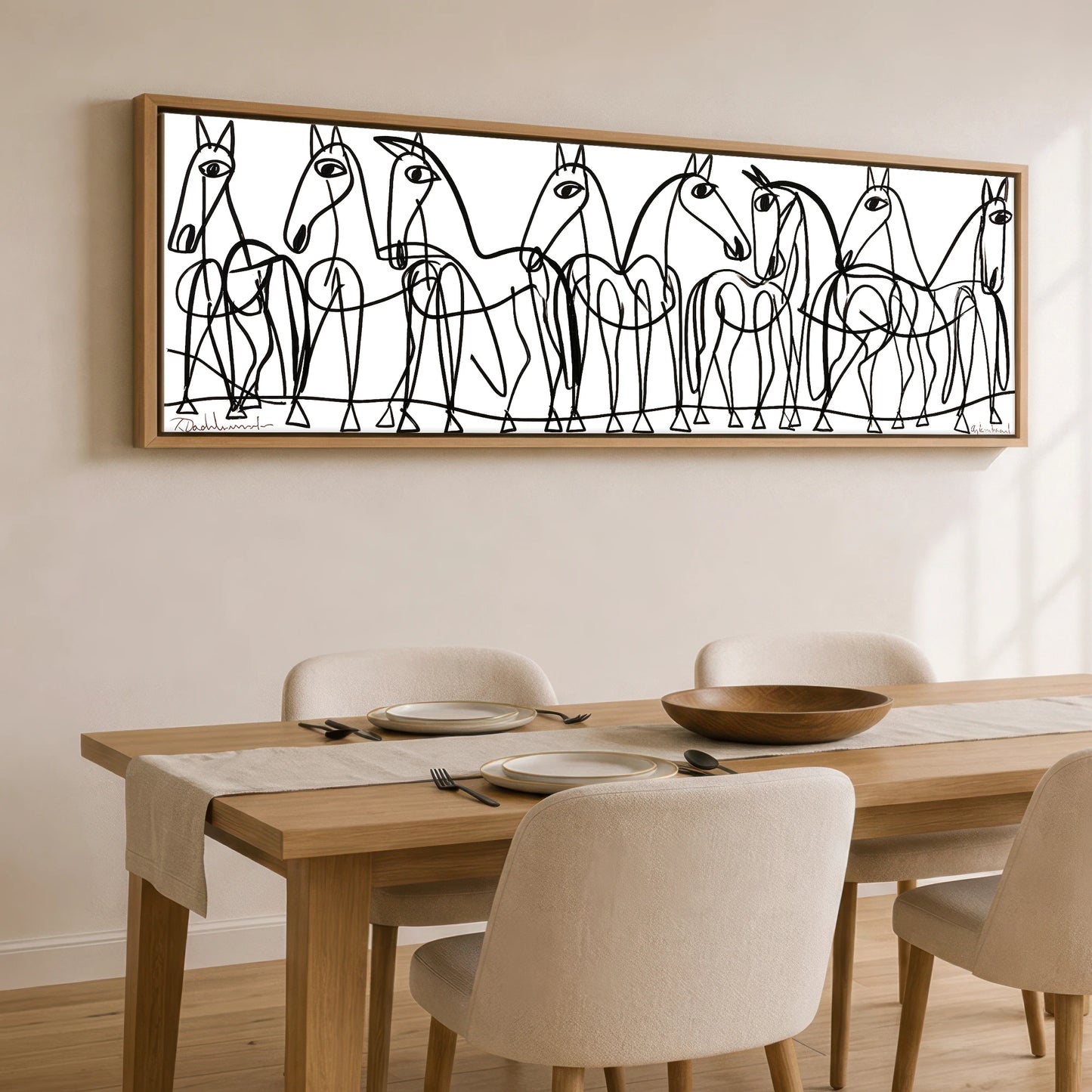 The Line Drawn Herd Horse Landscape panoramic canvas wall art displayed above a dining table