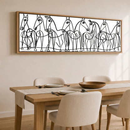 The Line Drawn Herd Horse Landscape panoramic canvas wall art displayed above a dining table