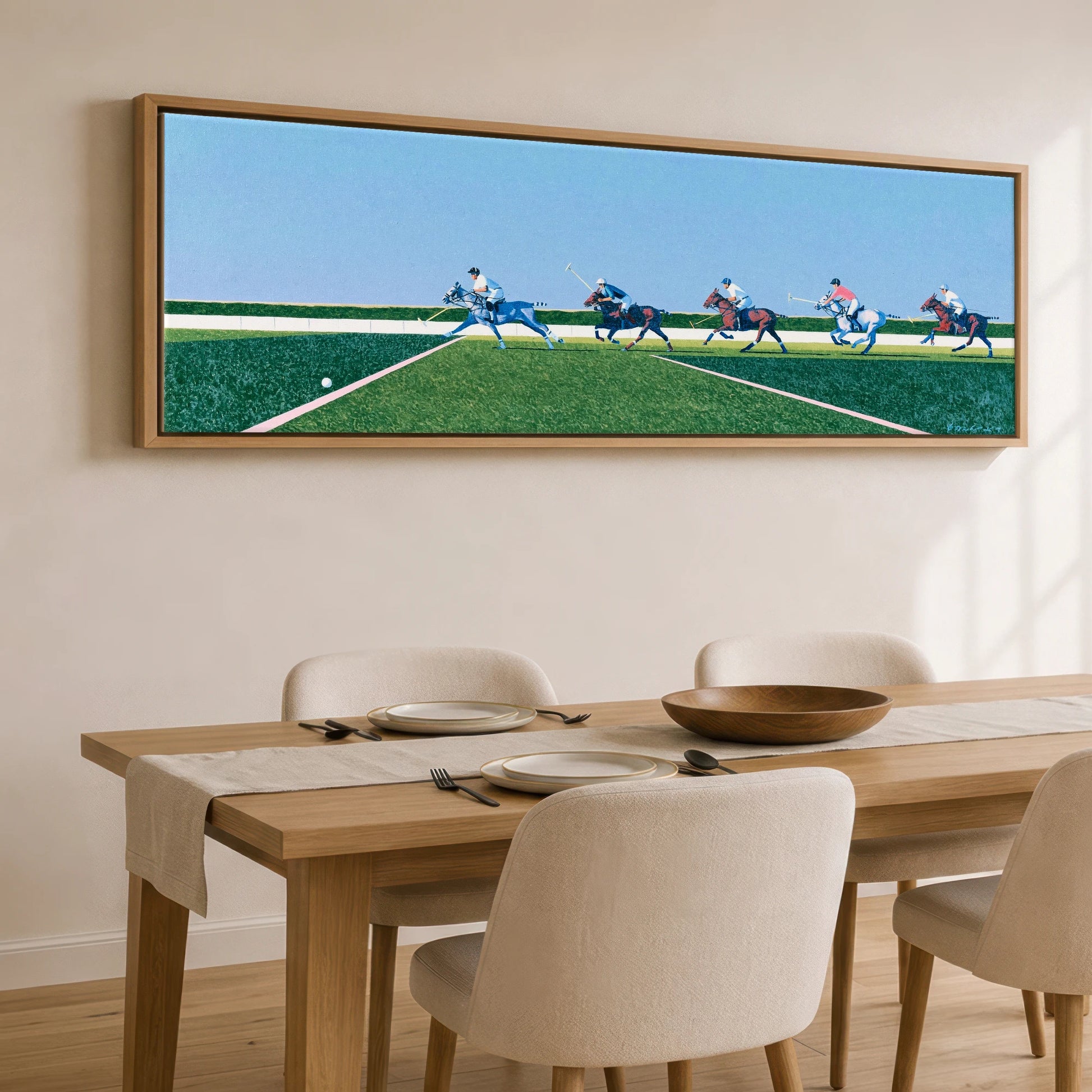 Rhythm of the Chukka Polo Horse panoramic canvas wall art displayed above a dining table