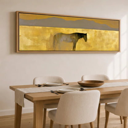 The Golden Expanse Horse Landscape panoramic canvas wall art displayed above a dining table