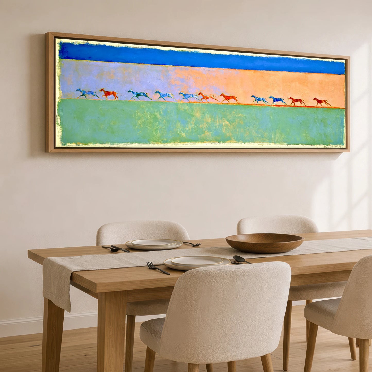 Rhythm in Colour Polo Horse panoramic canvas wall art displayed above a dining table