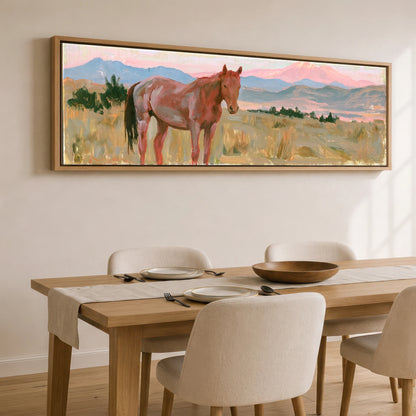 Pastel Mountain Morning Horse Landscape panoramic canvas wall art displayed above a dining table