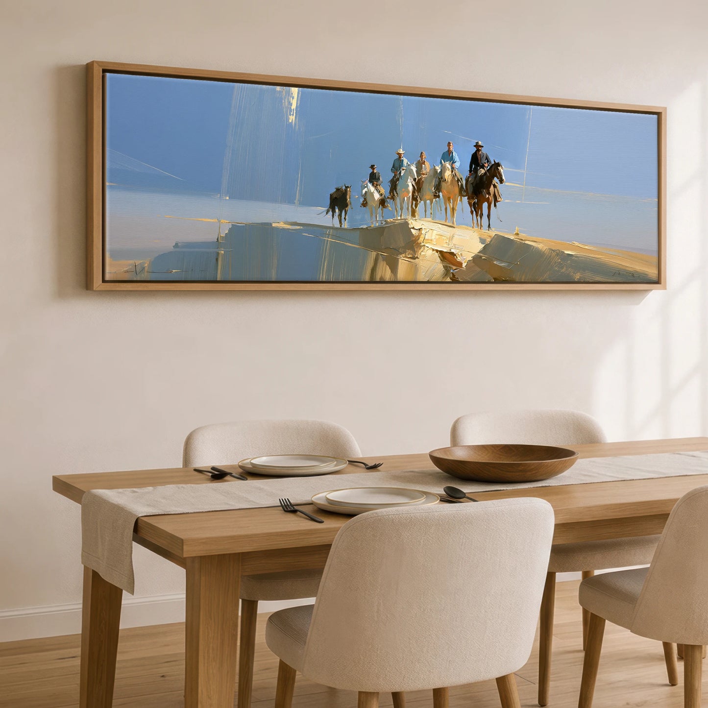 Cresting the Ridge Horse & Rider panoramic canvas wall art displayed above a dining table