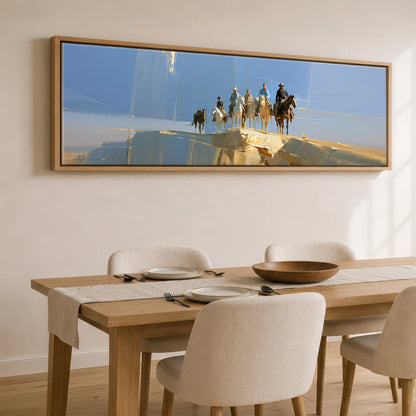 Cresting the Ridge Horse & Rider panoramic canvas wall art displayed above a dining table
