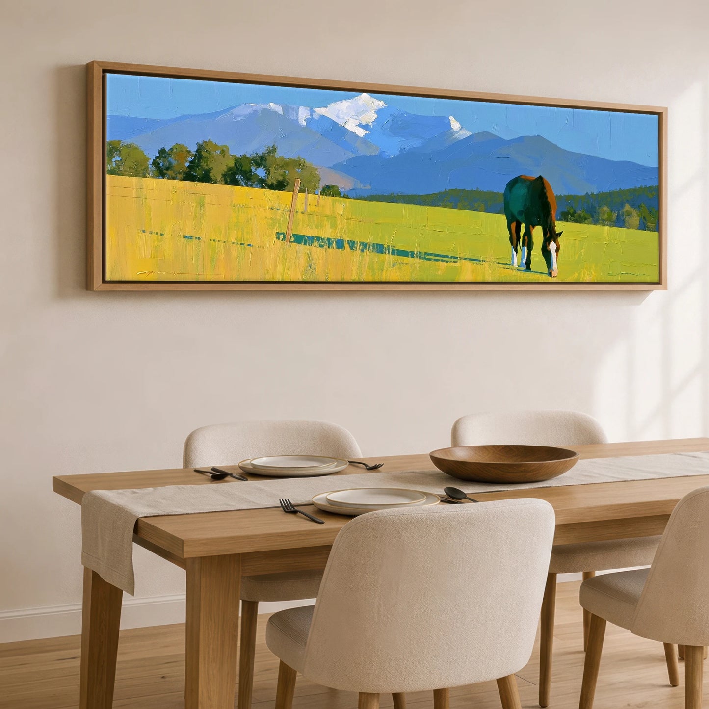High Country Summer Horse Landscape panoramic canvas wall art displayed above a dining table
