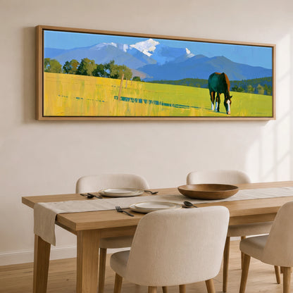 High Country Summer Horse Landscape panoramic canvas wall art displayed above a dining table