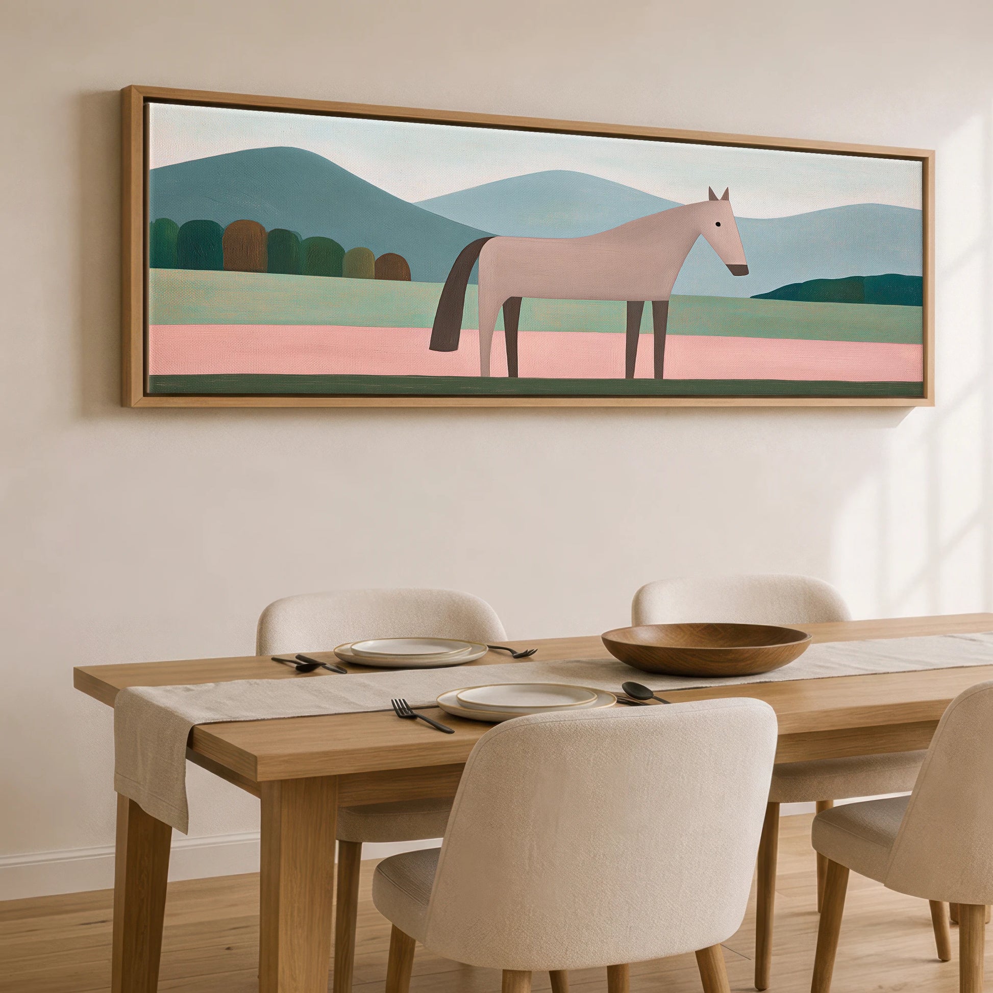 Minimalist Earthy Equine Horse Landscape panoramic canvas wall art displayed above a dining table