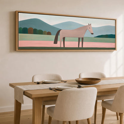 Minimalist Earthy Equine Horse Landscape panoramic canvas wall art displayed above a dining table