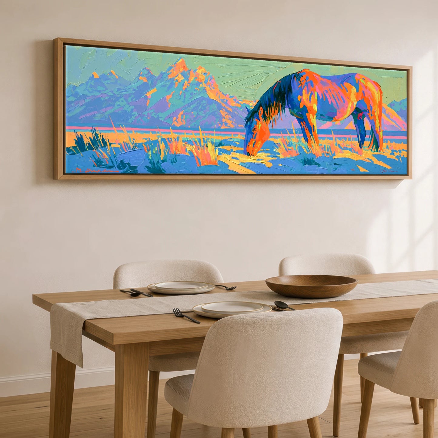 Wild Cobalt Range Horse Landscape panoramic canvas wall art displayed above a dining table
