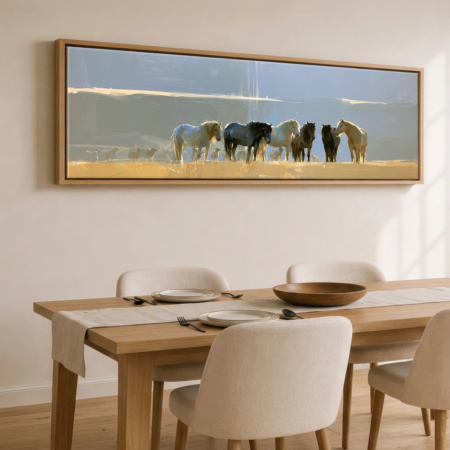 Sunlit Pasture Gathering Horse Landscape panoramic canvas wall art displayed above a dining table
