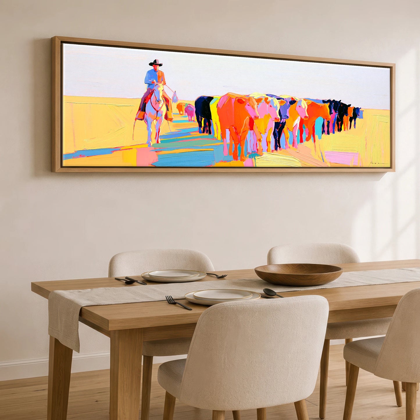 Vibrant Cattle Drive Western Horse panoramic canvas wall art displayed above a dining table