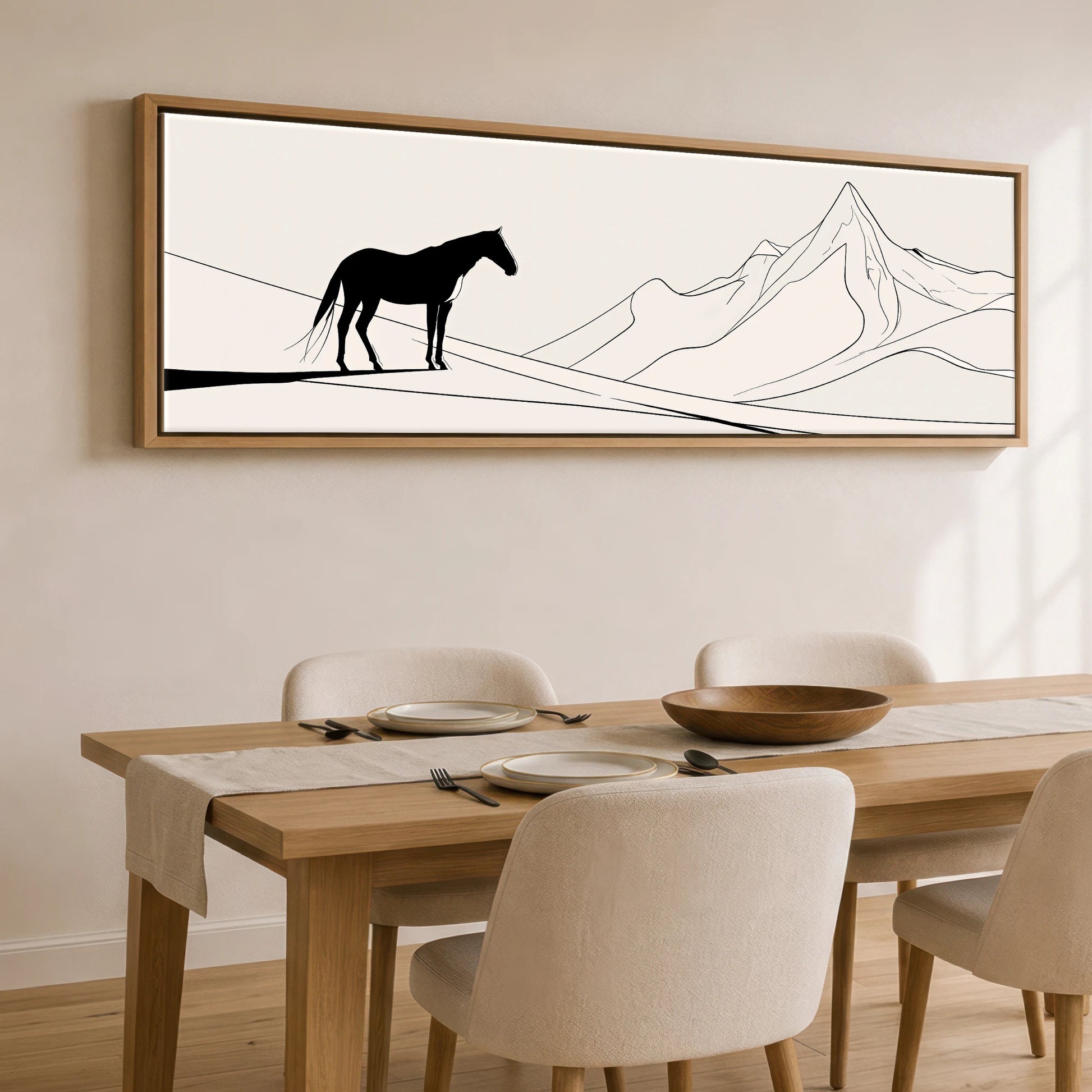 Mountain Contour Silhouette Horse Landscape panoramic canvas wall art displayed above a dining table