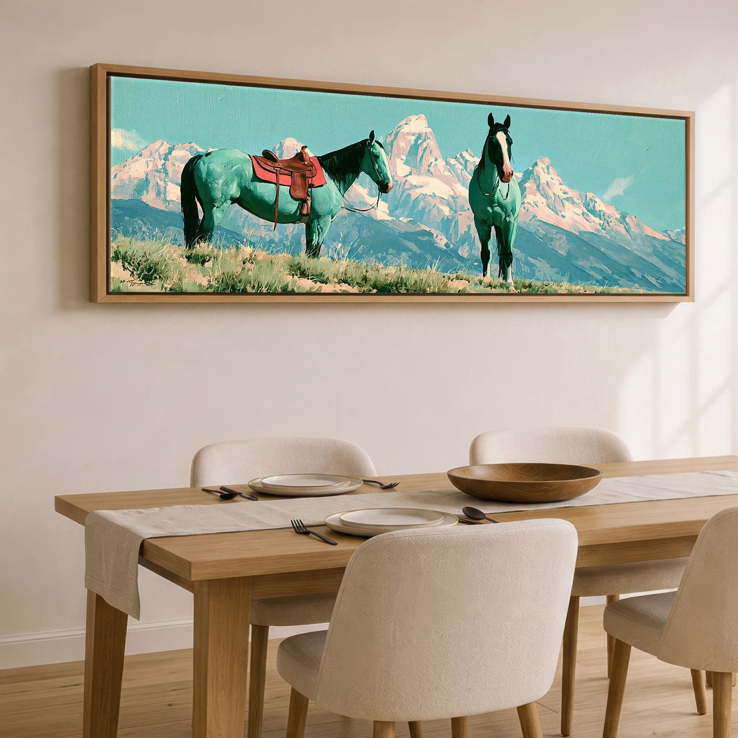 Vivid High Country Horse Landscape panoramic canvas wall art displayed above a dining table
