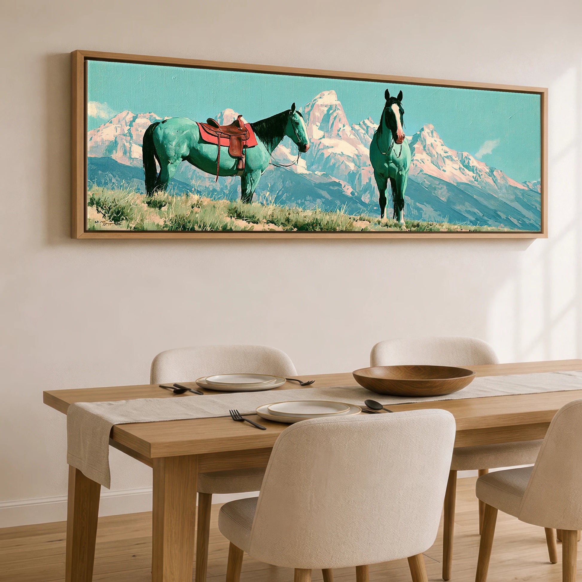 Vivid High Country Horse Landscape panoramic canvas wall art displayed above a dining table
