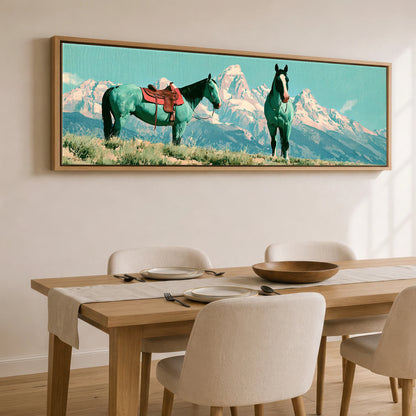 Vivid High Country Horse Landscape panoramic canvas wall art displayed above a dining table