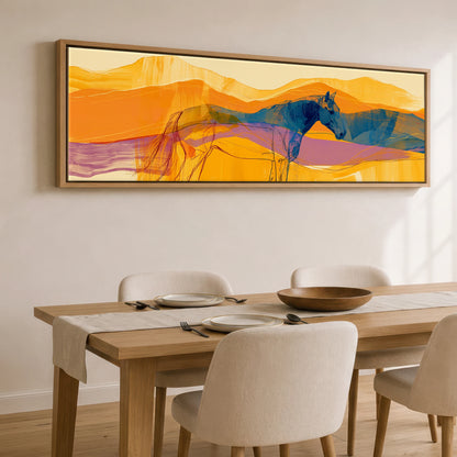 Cobalt and Amber Horizons Horse Landscape panoramic canvas wall art displayed above a dining table