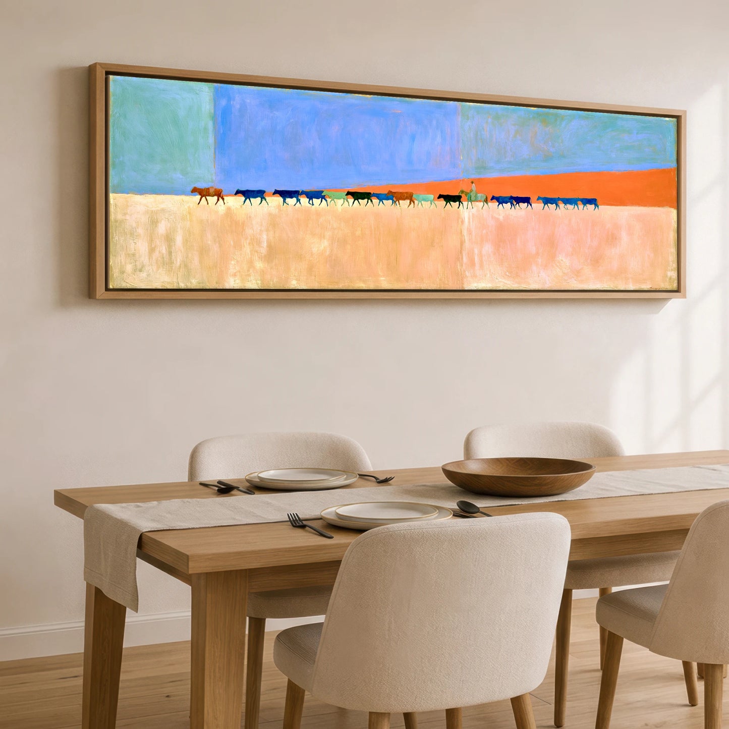 Painted Desert Drive Western Horse panoramic canvas wall art displayed above a dining table