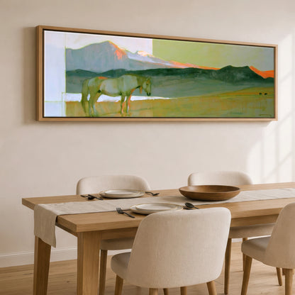 Pastel Mountain Light Horse Landscape panoramic canvas wall art displayed above a dining table