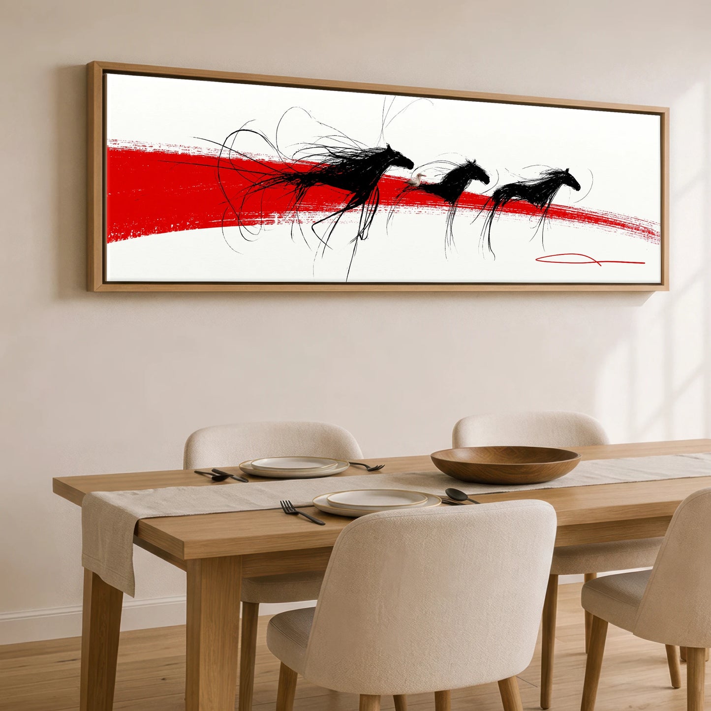 The Crimson Gallop Wild Horses panoramic canvas wall art displayed above a dining table