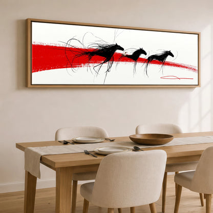 The Crimson Gallop Wild Horses panoramic canvas wall art displayed above a dining table