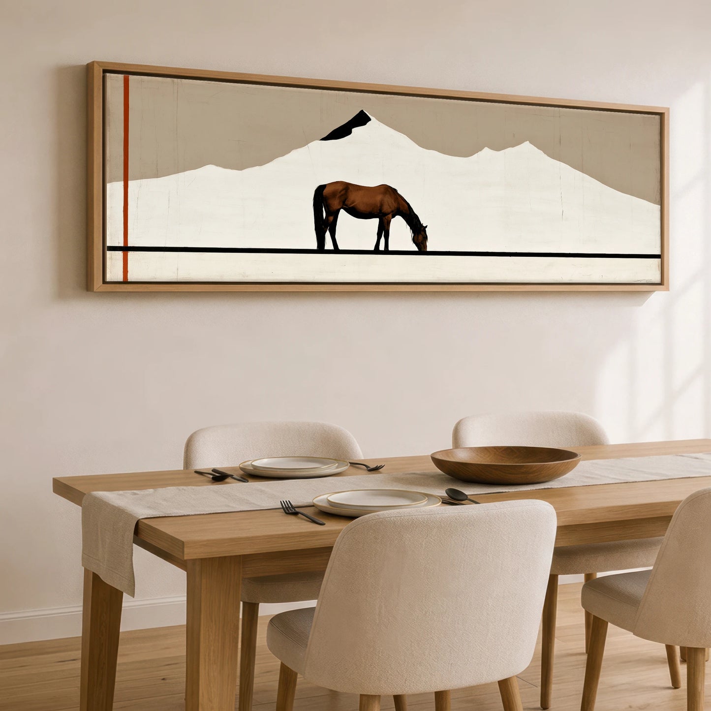 The Minimalist Pasture Horse Landscape panoramic canvas wall art displayed above a dining table