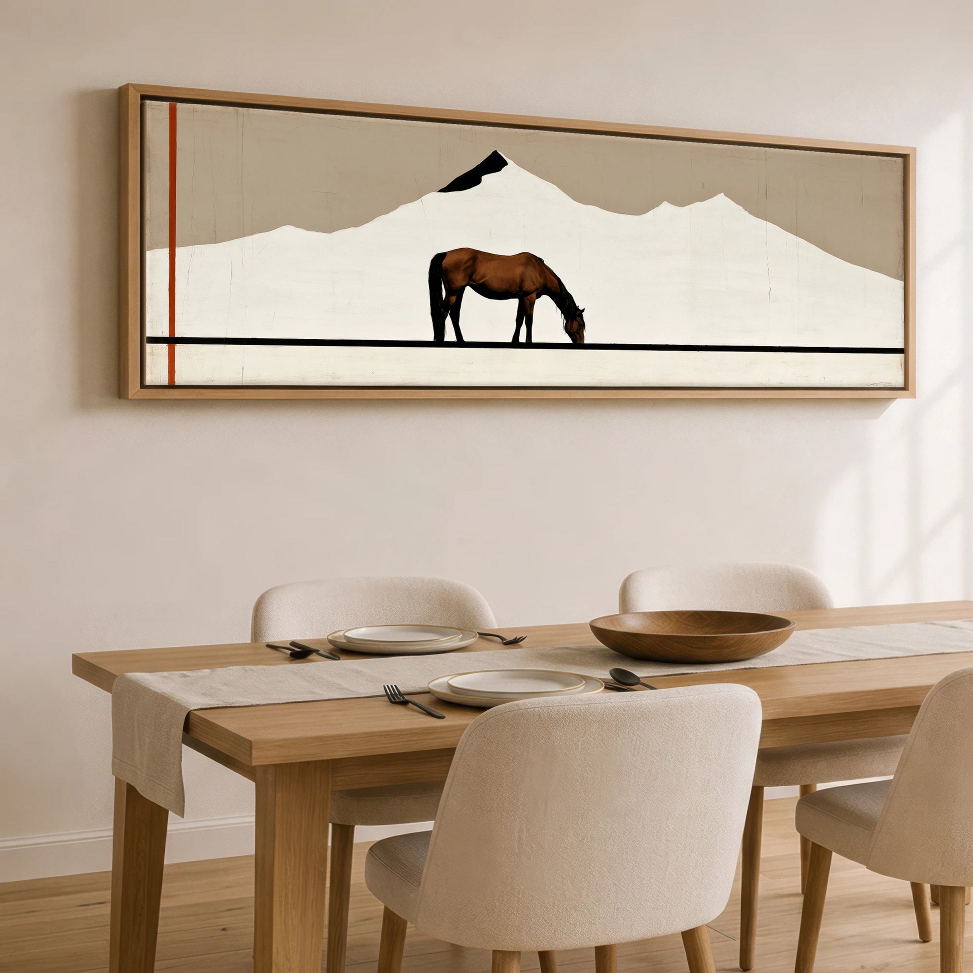 The Minimalist Pasture Horse Landscape panoramic canvas wall art displayed above a dining table